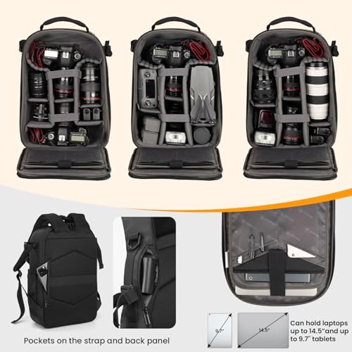 TARION Hardshell Camera Backpack, 3-Side Hard Case Rucksack with Waterproof Rain Cover, 14.5-inch Laptop Compartment, Black-4
