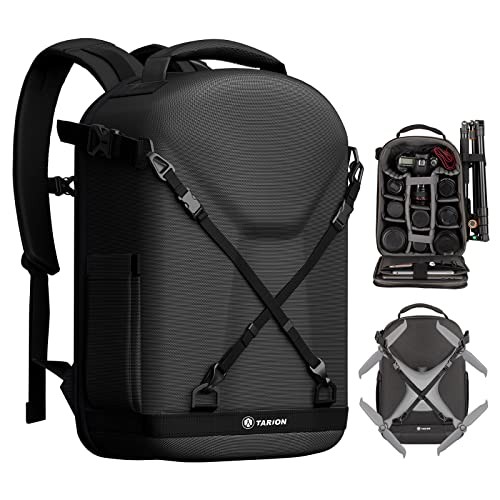 TARION Hardshell Camera Backpack, 3-Side Hard Case Rucksack with Waterproof Rain Cover, 14.5-inch Laptop Compartment, Black