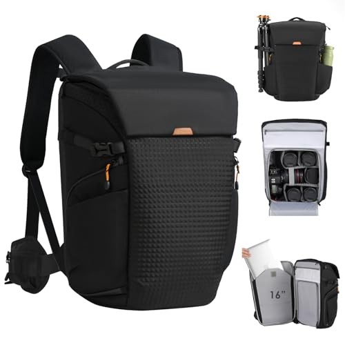 TARION Large Camera Backpack for Photography with 16 inch Laptop Sleeve, Quick Access Side and Back Opening, Waterproof Rain Cover, Removable Waist Belt