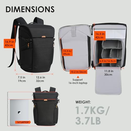 TARION Large Camera Backpack for Photography with 16 inch Laptop Sleeve, Quick Access Side and Back Opening, Waterproof Rain Cover, Removable Waist Belt-7