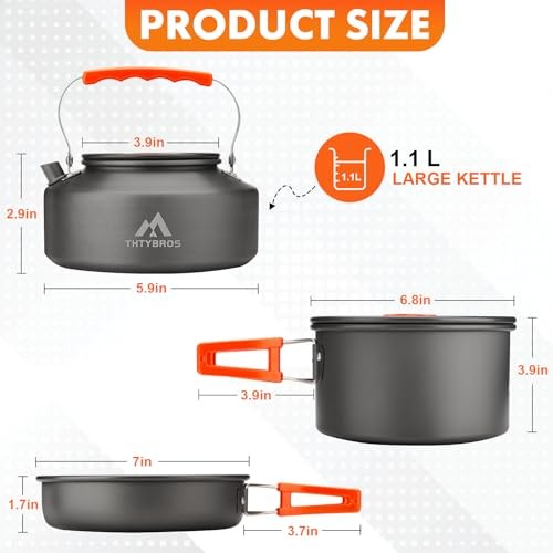THTYBROS 17-Piece Camping Cookware Set with 1.7L Pot, 1.15L Kettle, 2 Stainless Steel Cups, Plates and Cutlery-1