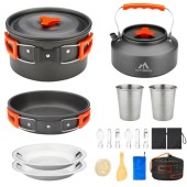 THTYBROS 17-Piece Camping Cookware Set with 1.7L Pot, 1.15L Kettle, 2 Stainless Steel Cups, Plates and Cutlery