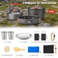 THTYBROS 17-Piece Camping Cookware Set with 1.7L Pot, 1.15L Kettle, 2 Stainless Steel Cups, Plates and Cutlery
