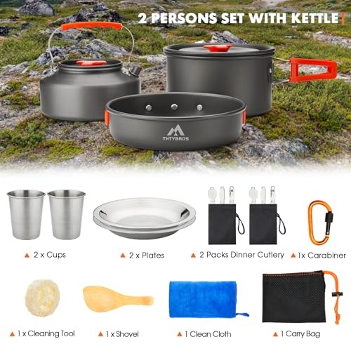 THTYBROS 17-Piece Camping Cookware Set with 1.7L Pot, 1.15L Kettle, 2 Stainless Steel Cups, Plates and Cutlery-3