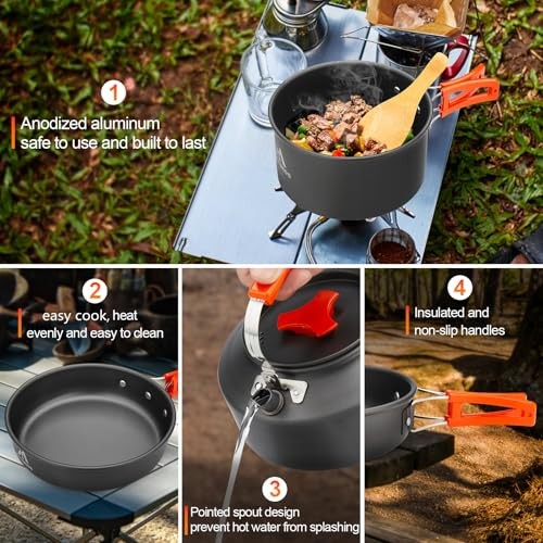 THTYBROS 17-Piece Camping Cookware Set with 1.7L Pot, 1.15L Kettle, 2 Stainless Steel Cups, Plates and Cutlery-5