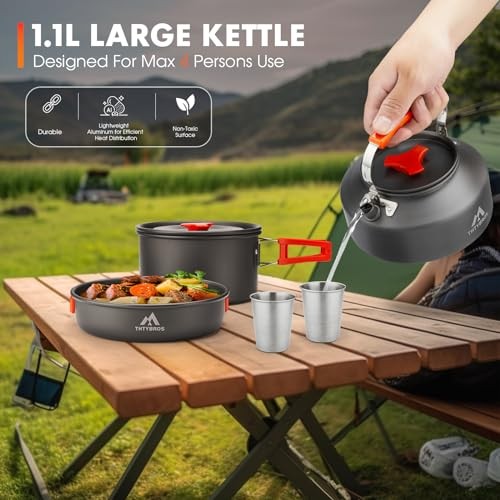 THTYBROS 17-Piece Camping Cookware Set with 1.7L Pot, 1.15L Kettle, 2 Stainless Steel Cups, Plates and Cutlery-6