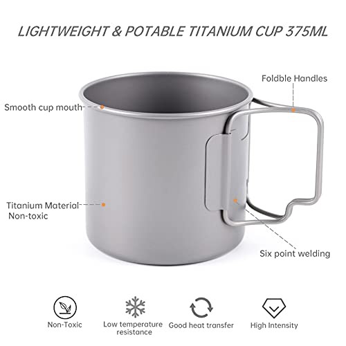 TOAKS 375ml Titanium Camping Cup, Ultralight Mug with Foldable Handles-2