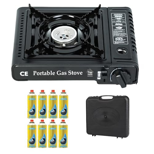 Top Home Solutions Camping Stove with Carry Case and 8 Butane Gas Canisters