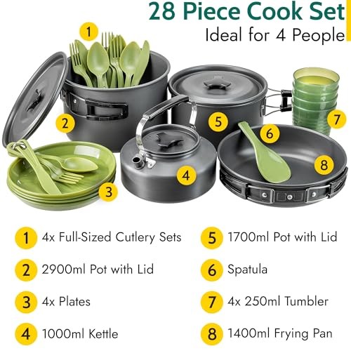 trail outdoor leisure 4 person camping cookware set, 27 piece, hard anodised aluminium, with bag-1