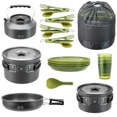 trail outdoor leisure 4 person camping cookware set, 27 piece, hard anodised aluminium, with bag