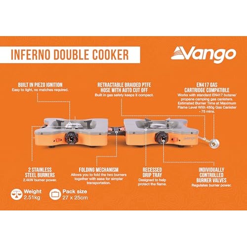 Vango Inferno Double Camping Stove, 2 x 2.4kW Dual Burner Gas Cooker-6
