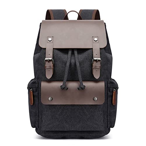 WTiger Vintage Canvas Backpack, Black, Casual Daypack Rucksack-1
