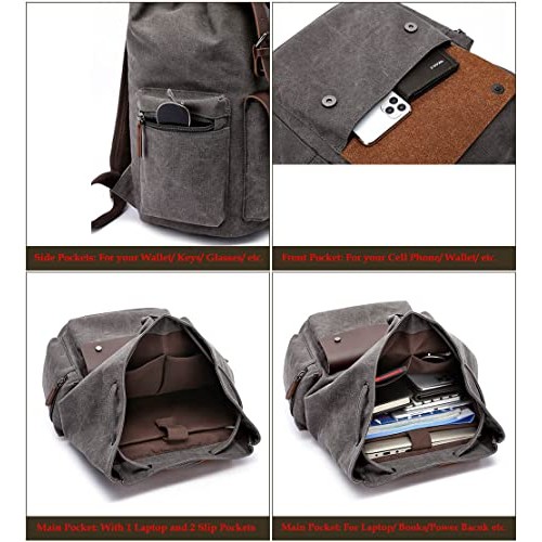 WTiger Vintage Canvas Backpack, Black, Casual Daypack Rucksack-4
