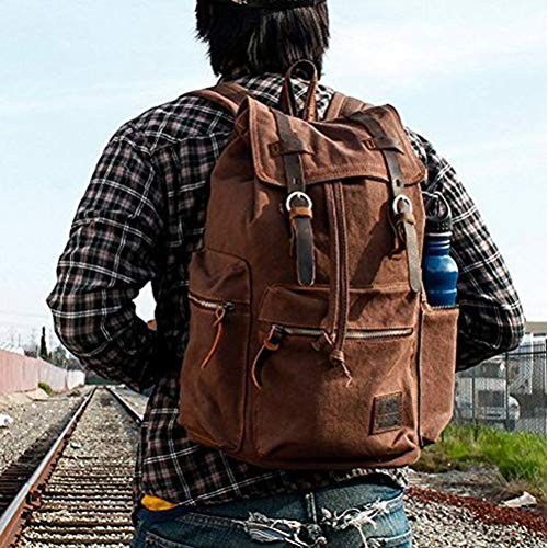 autumndeer Vintage Unisex Casual Leather and Canvas Backpack, Coffee-1