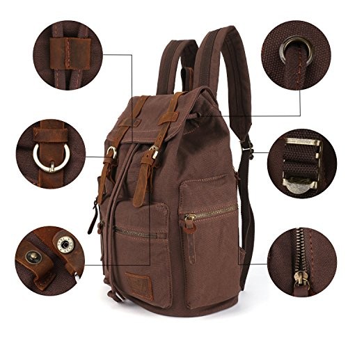 autumndeer Vintage Unisex Casual Leather and Canvas Backpack, Coffee-2