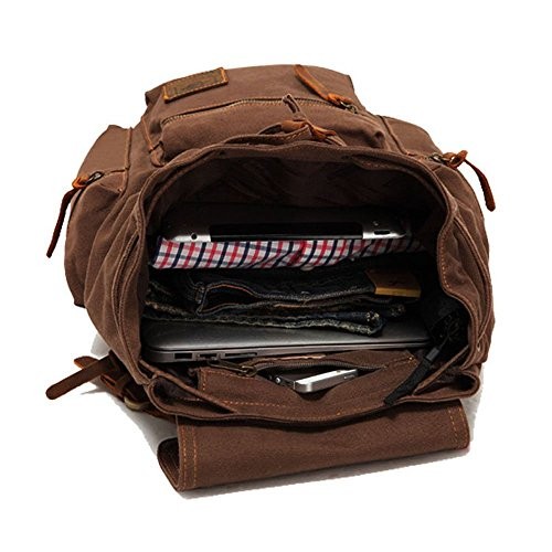 autumndeer Vintage Unisex Casual Leather and Canvas Backpack, Coffee-4