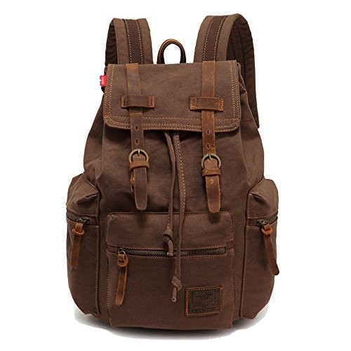 autumndeer Vintage Unisex Casual Leather and Canvas Backpack, Coffee