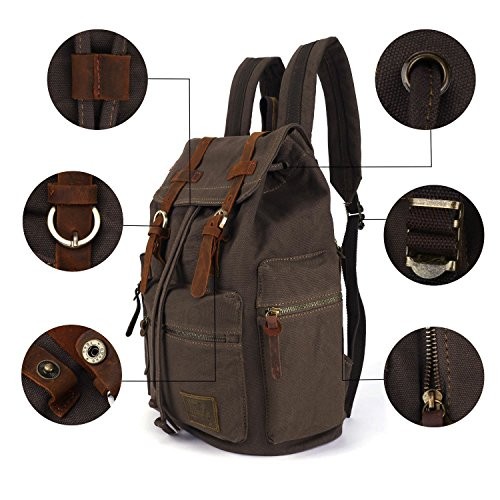 autumndeer Vintage Unisex Casual Leather and Canvas Backpack, Brown-2