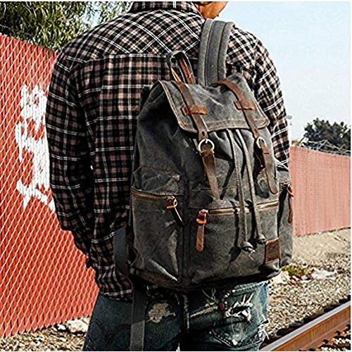 autumndeer Vintage Unisex Casual Leather and Canvas Backpack, Grey, 27.9 x 16 x 41.9 cm-1