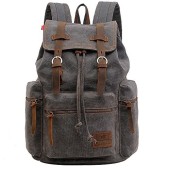 autumndeer Vintage Unisex Casual Leather and Canvas Backpack, Grey, 27.9 x 16 x 41.9 cm