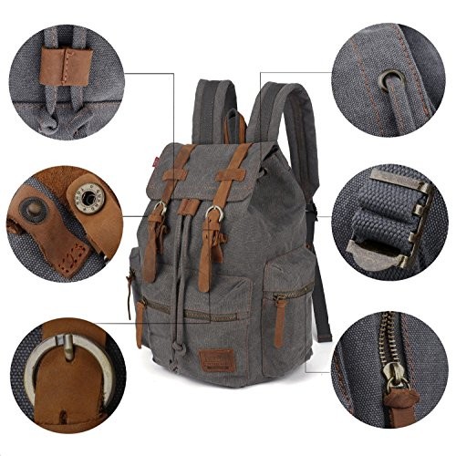 autumndeer Vintage Unisex Casual Leather and Canvas Backpack, Grey, 27.9 x 16 x 41.9 cm-2