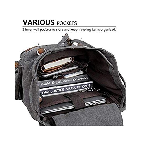 autumndeer Vintage Unisex Casual Leather and Canvas Backpack, Grey, 27.9 x 16 x 41.9 cm-4