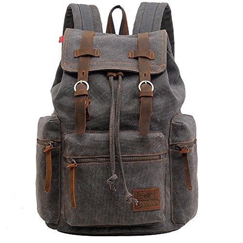 autumndeer Vintage Unisex Casual Leather and Canvas Backpack, Grey, 27.9 x 16 x 41.9 cm