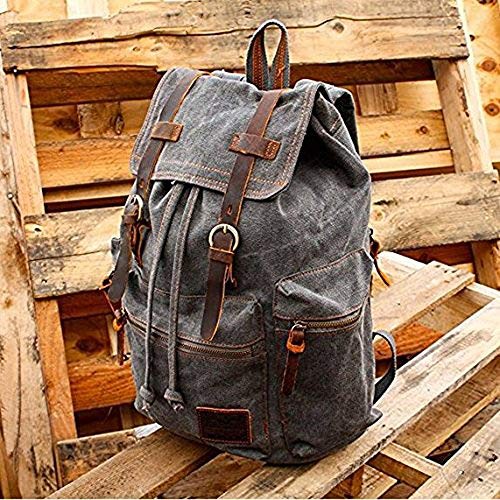 autumndeer Vintage Unisex Casual Leather and Canvas Backpack, Grey, 27.9 x 16 x 41.9 cm-6