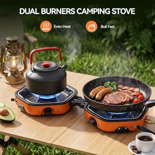 Warmiehomy Double Portable Camping Stove, 17000 BTU, Orange-1