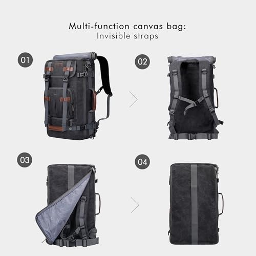WITZMAN Canvas Vintage Travel Backpack, Large Weekender Daypack Convertible Shoulder Rucksack, Black-3