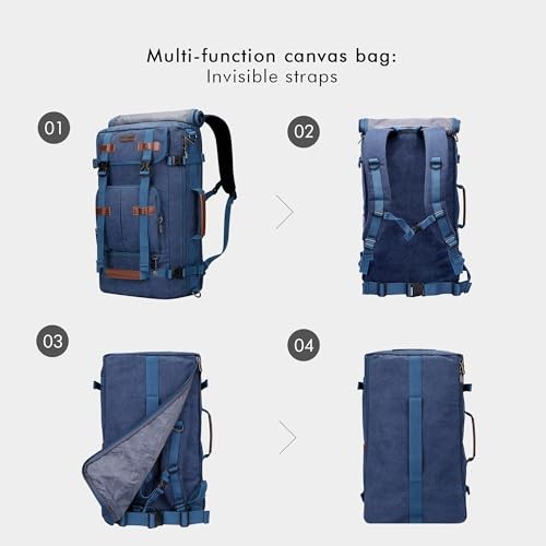 WITZMAN Canvas Vintage Travel Backpack, Large Convertible Weekender Bag, Classic Blue-3