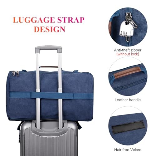WITZMAN Canvas Vintage Travel Backpack, Large Convertible Weekender Bag, Classic Blue-4