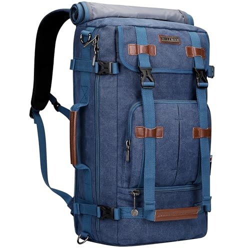 WITZMAN Canvas Vintage Travel Backpack, Large Convertible Weekender Bag, Classic Blue