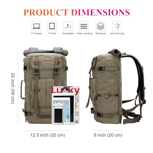 WITZMAN Canvas Vintage Travel Backpack, Light Green-6