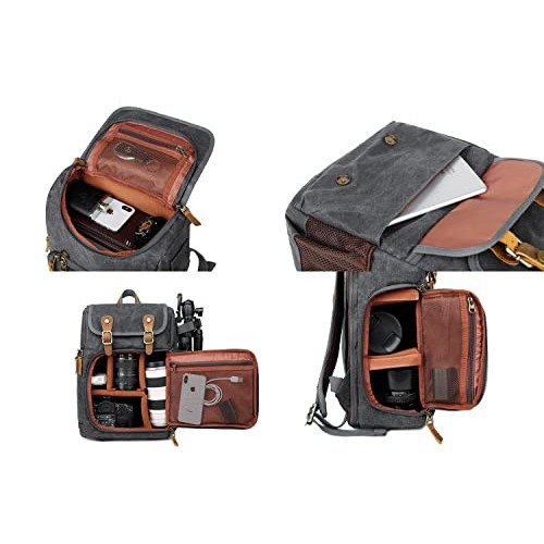 YuanWen Grey DSLR Camera Canvas Backpack with Front Access, Large Capacity-3
