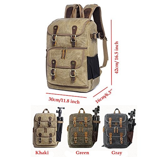 YuanWen Grey DSLR Camera Canvas Backpack with Front Access, Large Capacity-4