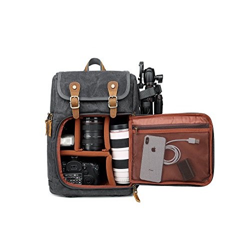 YuanWen Grey DSLR Camera Canvas Backpack with Front Access, Large Capacity
