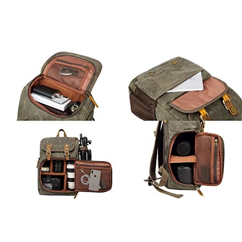YuanWen DSLR camera canvas backpack, large capacity, front-open, green-3