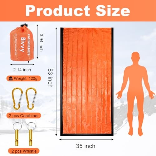 YUFFQOPC 2 Pack Emergency Sleeping Bag with 2 Survival Whistles and 2 Carabiners-1