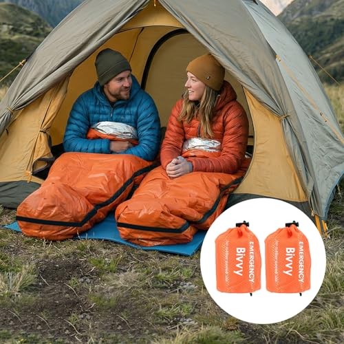 YUFFQOPC 2 Pack Emergency Sleeping Bag with 2 Survival Whistles and 2 Carabiners-5