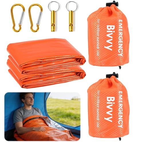 YUFFQOPC 2 Pack Emergency Sleeping Bag with 2 Survival Whistles and 2 Carabiners