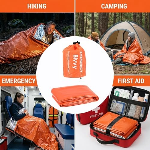 YUFFQOPC 2 Pack Emergency Sleeping Bag with 2 Survival Whistles and 2 Carabiners-6