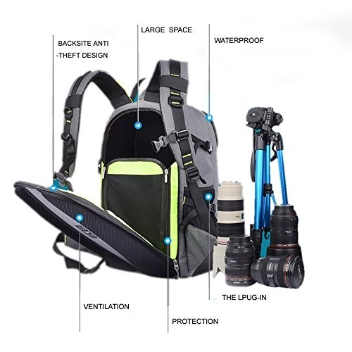 YUHAN Grey Oxford Large Capacity Multi-function Camera Backpack with Padded Insert-6