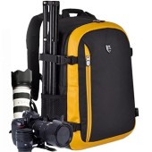 YUHAN Oxford large-capacity multi-function camera backpack with inner padding and rain cover, Black + Yellow