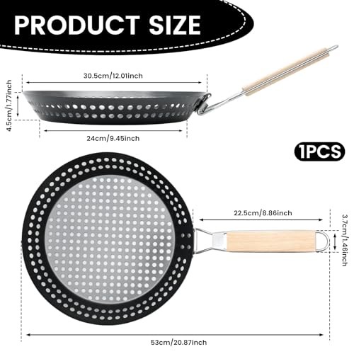 ZEJEXXB 12-inch BBQ Folding Grill Pan with Holes, Non-stick Skillet with Wooden Removable Handle-1