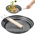 ZEJEXXB 12-inch BBQ Folding Grill Pan with Holes, Non-stick Skillet with Wooden Removable Handle