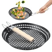 ZEJEXXB 12-inch BBQ Folding Grill Pan with Holes, Non-stick Skillet with Wooden Removable Handle