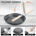 ZEJEXXB 12-inch BBQ Folding Grill Pan with Holes, Non-stick Skillet with Wooden Removable Handle