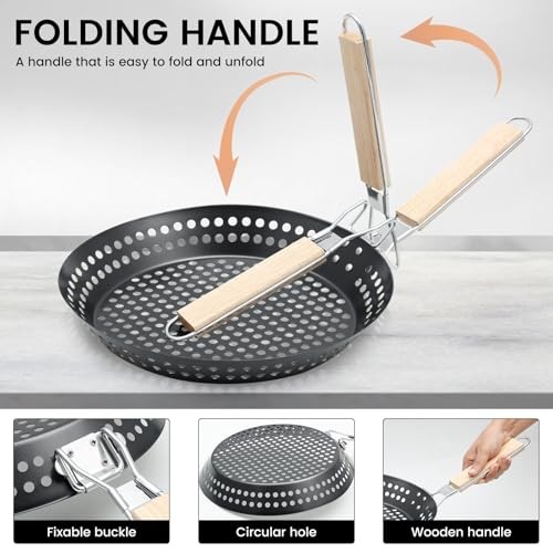 ZEJEXXB 12-inch BBQ Folding Grill Pan with Holes, Non-stick Skillet with Wooden Removable Handle-3