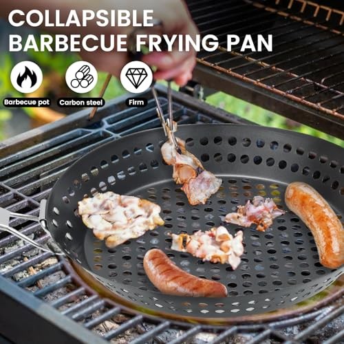 ZEJEXXB 12-inch BBQ Folding Grill Pan with Holes, Non-stick Skillet with Wooden Removable Handle-4